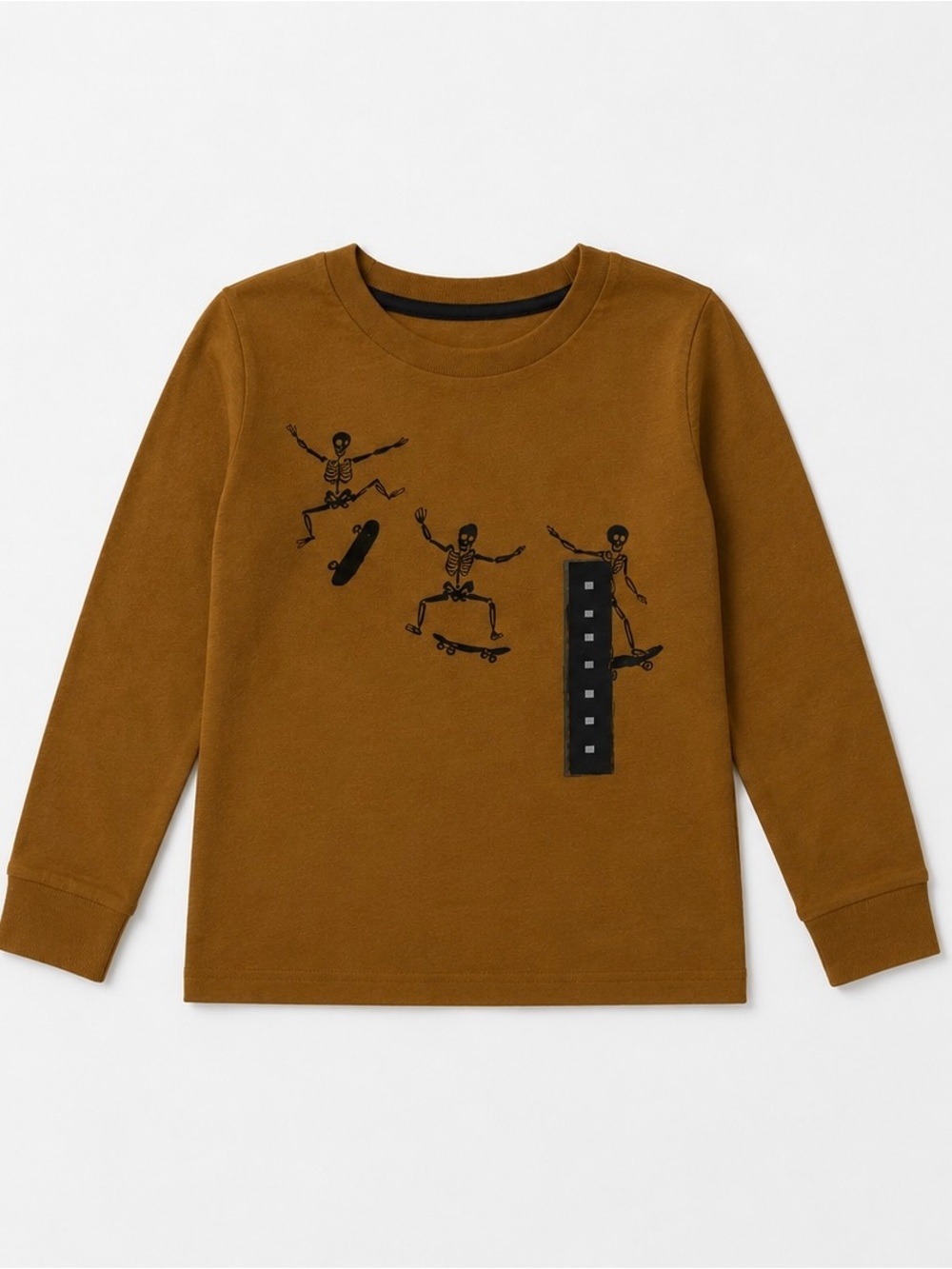 Boy Size 8/10 Long Sleeve Skateboard Skeleton Graphic Shirt Brown Halloween Fall